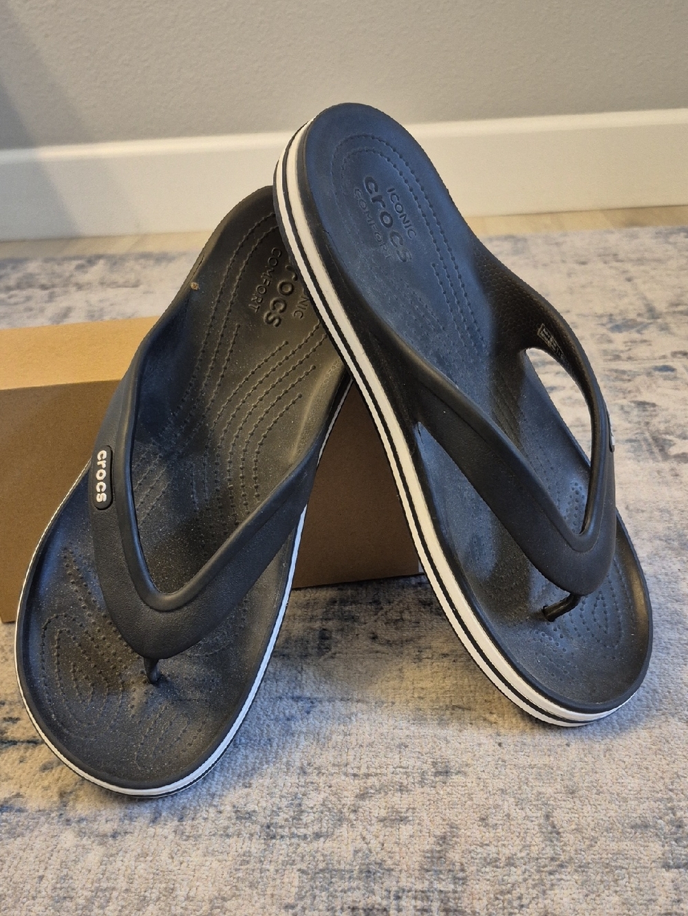 Men's CROCS Black Flip Flops with White Stripe Size Men's 12